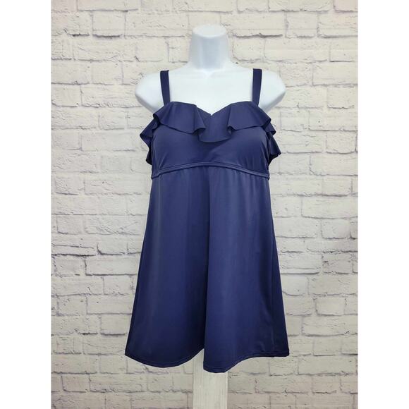 10R NAVY A392823 Denim & Co. Beach Ruffle Neckline Swim Dress - Picture 1 of 2